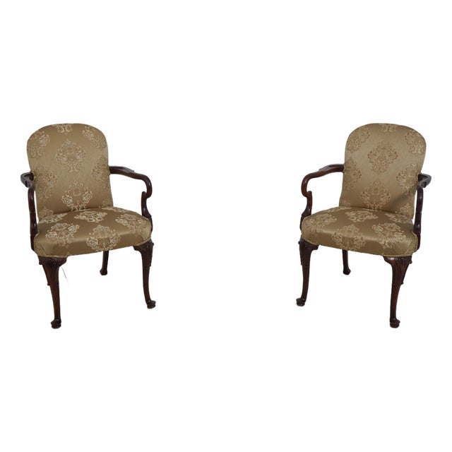 Pair of Southwood Damask Upholstered Open Armchairs For Sale
