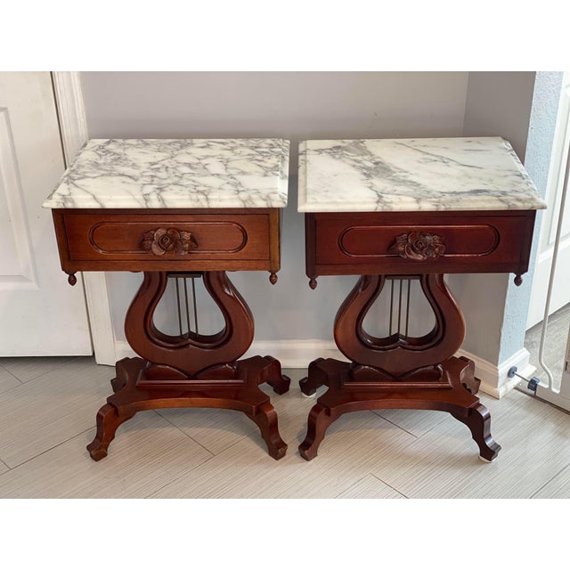 Mid 19th Century Victorian Mahogany Marble Top Harp Lyre End Tables