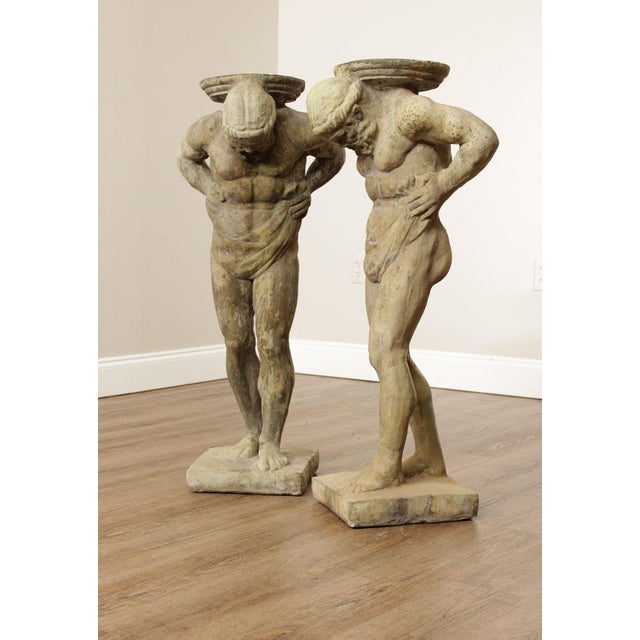 Green Vintage Pair Of Cast Stone 'Hercules' Figural Garden Statue Pedestals For Sale - Image 8 of 12