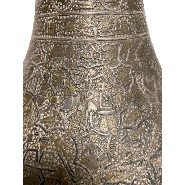 Extraordinary 19th Century Qajar Persian Brass Vase Islamic Arabesque Antique Engraved Figures Animals 13.5" For Sale - Image 11 of 15