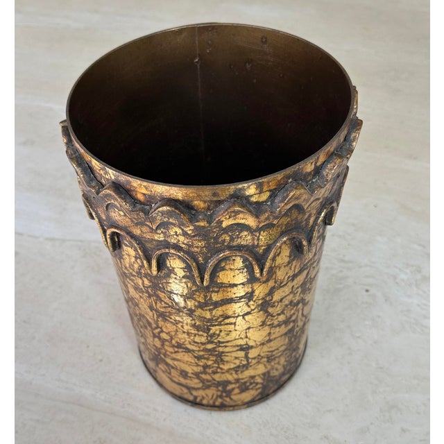 Hollywood Regency Italian Metal Gold Leaf Waste Basket For Sale - Image 4 of 6