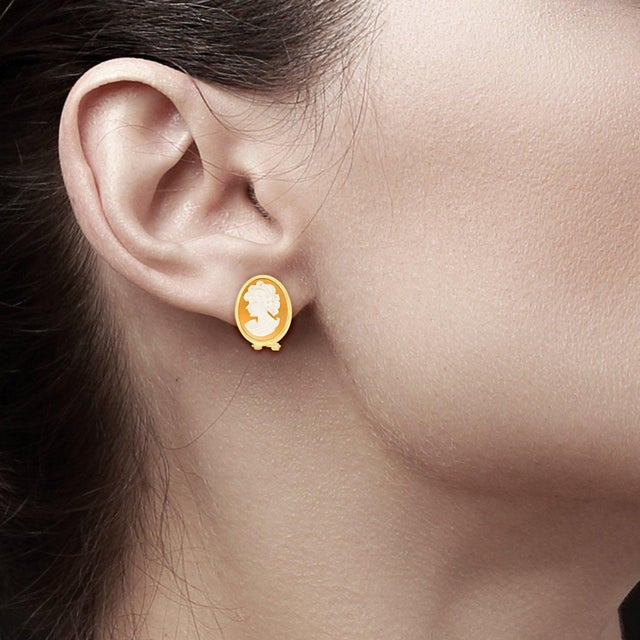 ♥ Product Summary ♥ Details: Pink Cameo Woman's Profile Material: 14K Yellow Gold Dimensions: 18mm x 14mm Closure: Omega...