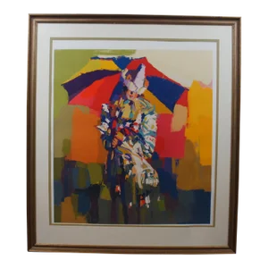 1979 Nicola Simbari Clown a L’ombrelle Serigraph, Framed
