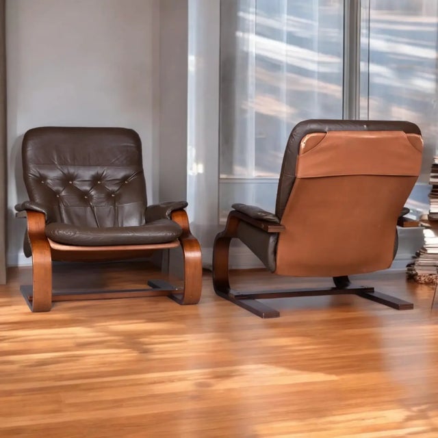 Pair of Brown Leather Scandinavian Cantilever Bentwood Sling Chairs For Sale - Image 10 of 13