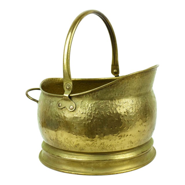 Mid 20th Century Hammered Brass Coal Wood Scuttle Bucket Cachepot With Swing Handle For Sale