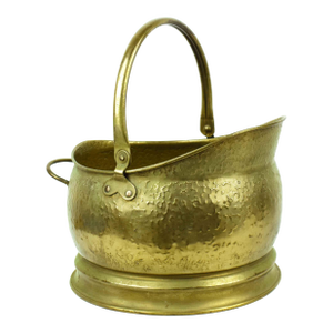 Mid 20th Century Hammered Brass Coal Wood Scuttle Bucket Cachepot With Swing Handle