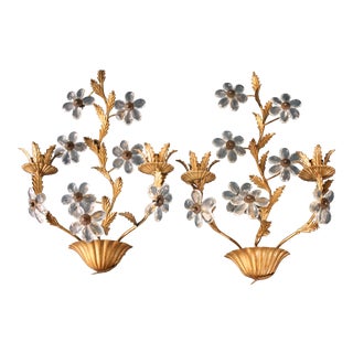 1940s Italian Maison Bagues Style Gilt & Crystal Flower Sconces - A Pair For Sale