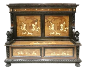Late 19th Century 5ft Long Antique Walnut Entrance Hall Seat Superb Inlaid to Front Carved Animals