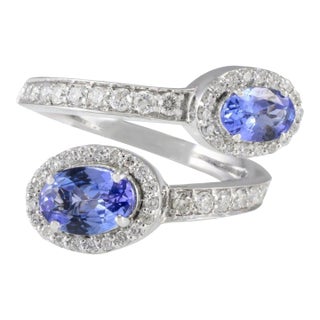 Modern Revival Oval Cut Tanzanite Diamond Bypass Ring Size 7 in 14k Gold For Sale