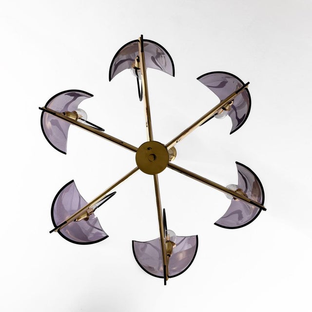 Mid-Century Italian Chandelier in Brass and Purple Acrylic Glass from Stilux Milano, 1970s For Sale - Image 4 of 8