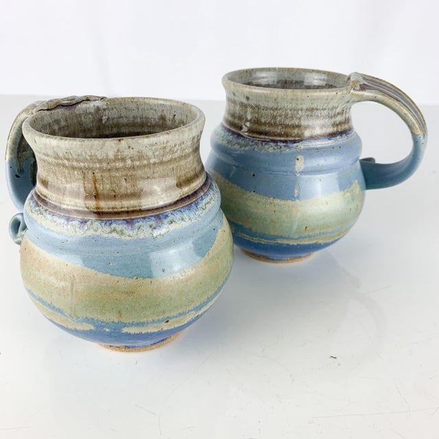 Vintage Studio Drip Glaze Smith Green, Blue & Gray Coffee Tea Mugs Set, Signed- a Pair For Sale In Baltimore - Image 6 of 11