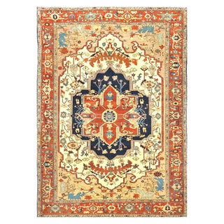 Persian Serapi Wool 7x11 Rust, Navy, Tan, & Ivory Handmade Area Rug #9902841 For Sale