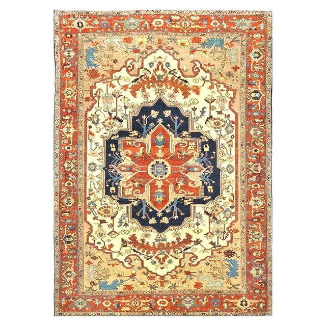 Persian Serapi Wool 7x11 Rust, Navy, Tan, & Ivory Handmade Area Rug #9902841 For Sale