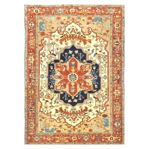 Persian Serapi Wool 7x11 Rust, Navy, Tan, & Ivory Handmade Area Rug #9902841