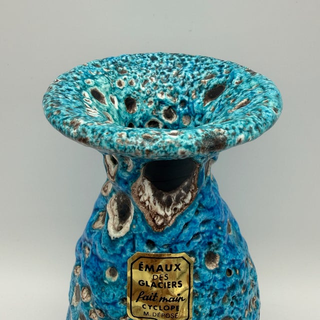 Ceramic Brutalist Fat Lava Blue Turquoise Ceramic Vase by Charles Cart, Vallauris, France, 1960s For Sale - Image 7 of 15