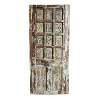 Vintage Blue Carved Barn Door – Rustic Handcrafted Wooden Hinged Door With Distressed Finish For Sale