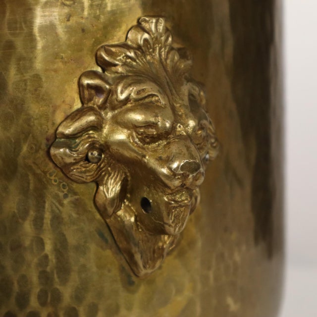 Metal Large Hammered Brass Jardinière Planter with Lion Heads For Sale - Image 7 of 16
