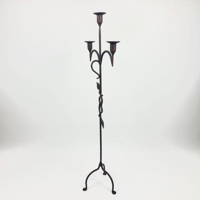 Metal Hand Forged Iron Floor Candelabra 50″ (126cm) Antique Copper Patina 3-Arm Vine & Leaf Detail Rustic Decor For Sale - Image 7 of 7