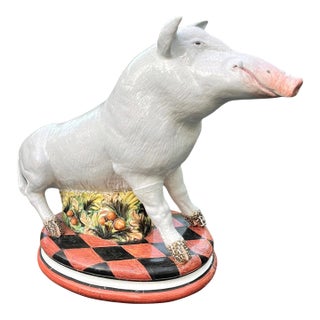 Grand Scale Vintage Majolica Boar Sculpture For Sale
