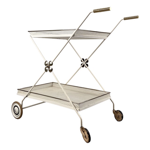 White Serving Trolley in Perforated Sheet Metal attributed to Vereinigte Werkstätten München, Germany, 1950s. For Sale