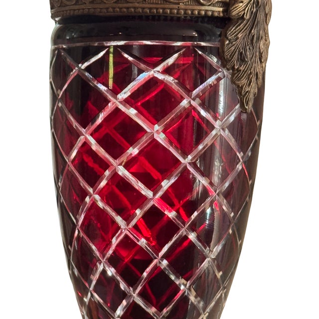 Tall Statement Antique Ruby Cut to Clear Crystal Lidded Urn With Second Empire Style Bronze Mounts For Sale - Image 13 of 18