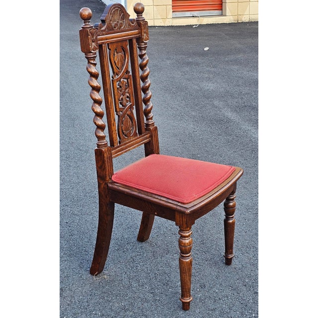 Set 4 Mid 20th C. Jacobean Style Carved and Barley Twist Oak Upholstered Chairs For Sale - Image 9 of 13