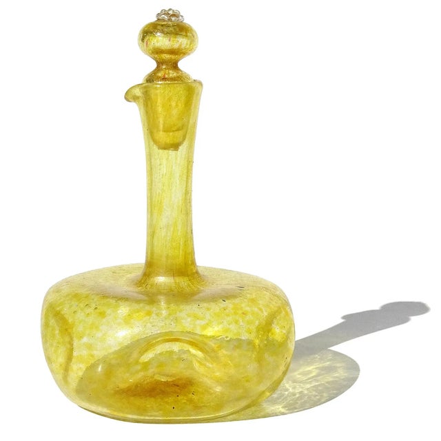 Beautiful antique, early Venetian hand blown yellow and gold flecks Italian art glass cruet with original stopper....