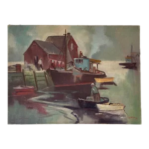 1970s Mayes Boats Harbor Landscape Oil on Canvas Painting