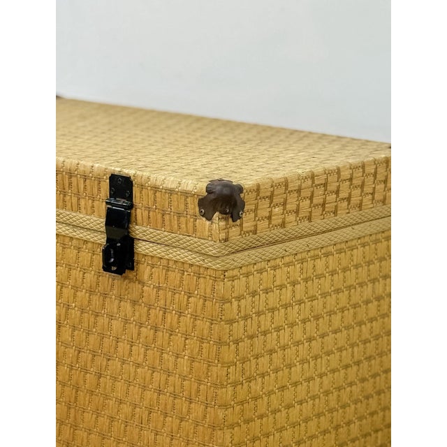 Beige Vintage Blonde Woven Wicker Chest, Brass Clamp Hardware Storage, Coastal Trunk For Sale - Image 8 of 14