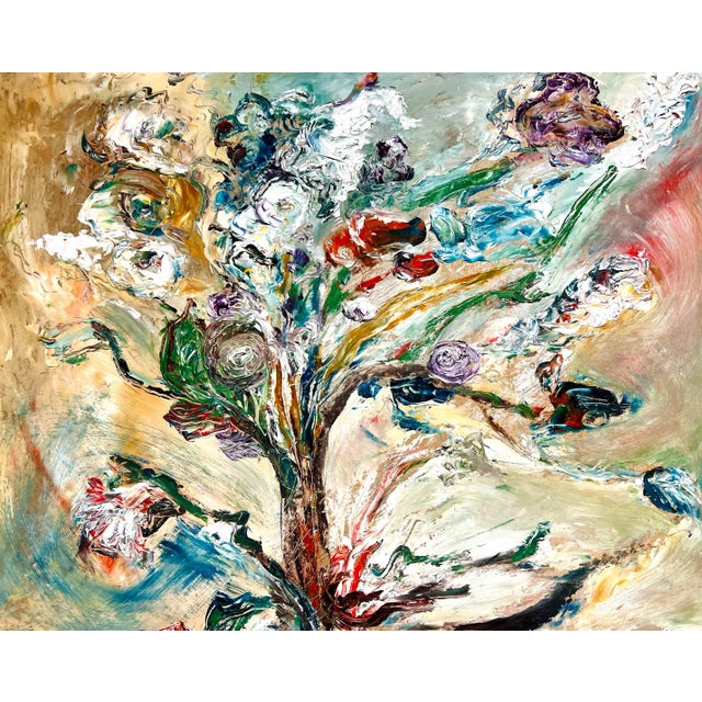 Vibrant mid-century abstract floral oil painting. Bold brushstrokes and dynamic composition capture the essence of...