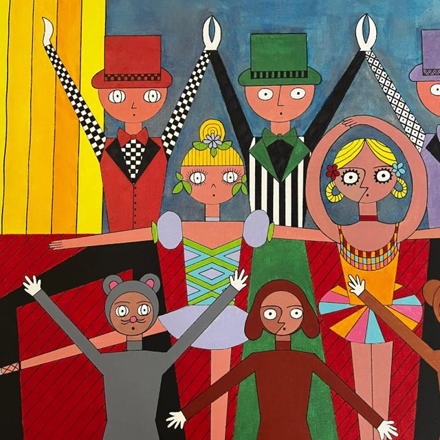 Yellow 1970s “The Show” Modern Fauvist Figurative Painting by Lynn French Hansen For Sale - Image 8 of 12