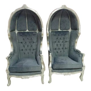 French Gray Tufted Velvet Canopy Chairs - a Pair For Sale