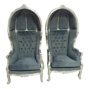 French Gray Tufted Velvet Canopy Chairs - a Pair