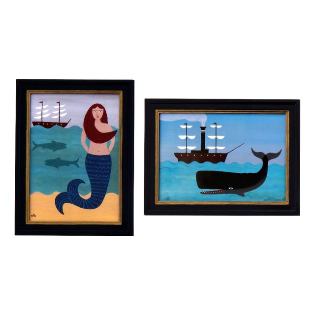 Matt Rix, Mermaid and Sperm Whale Scenes, 2000s, Ink & Paper, Set of 2, Framed For Sale
