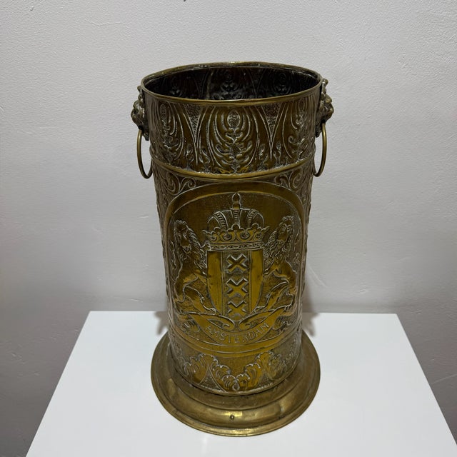 Large Vintage Brass Umbrella Stand with Amsterdam Coat of Arms and Lion Heads, 1960s For Sale - Image 4 of 12