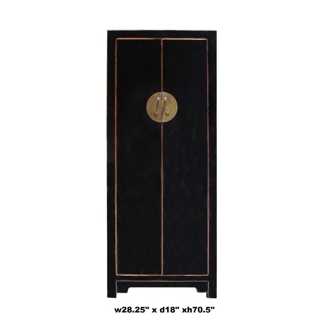 Chinese Oriental Distressed Black Lacquer Moonface Slim Storage Cabinet Chairish
