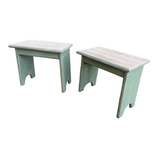 Vintage Pine Swedish Green and Whitewash Footstools - a Pair For Sale