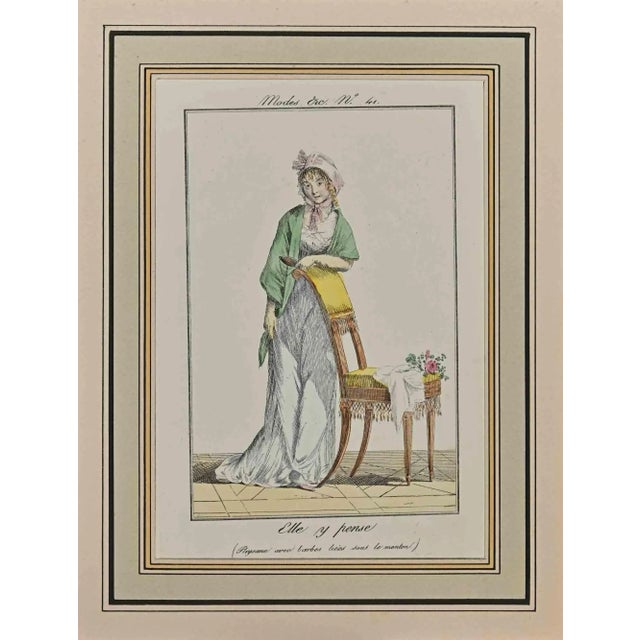 Elle y Pense is an Original Etching Hand Watercolored series "Costumes Parisiens" published in 1797 by the Journald des...