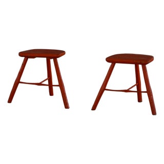 Red Painted Wooden Stools with Splayed Legs, 1950s-1960s, Set of 2 For Sale