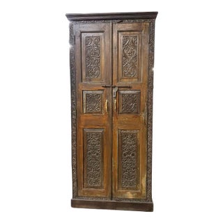 Vintage Hand Carved Door Repurposed Solid Wood 93" Tall Armoire For Sale