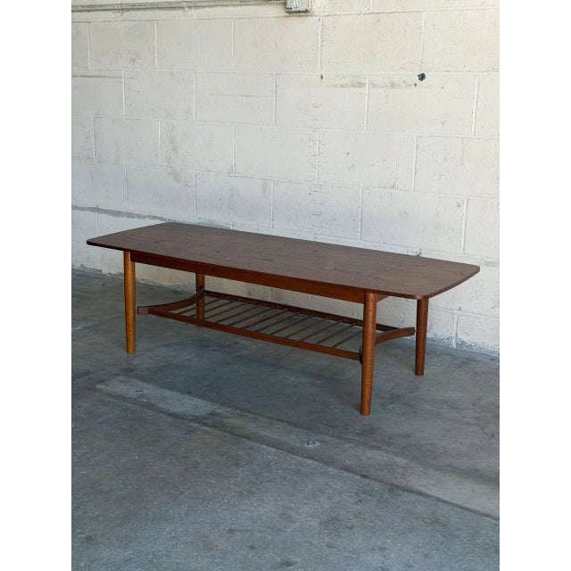 Mid-Century Modern Teak Coffee Table With Slatted Lower Shelf and Tapered Legs Denmark 1960s For Sale - Image 3 of 9