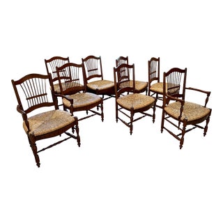 Mid 20th Century French Country Wheat Back Dining Chairs With Rush Seating - Set of 8 For Sale