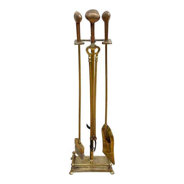 Vintage Brass Clamshell Motif Fireplace Tools and Stand For Sale