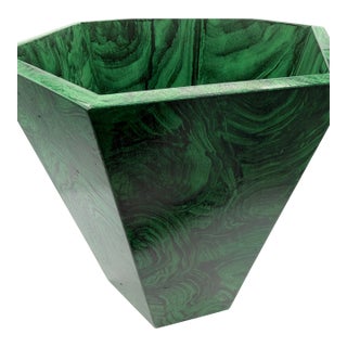 Handmade Handpainted Hexagonal Wooden Wastebasket Faux Malachite Green For Sale