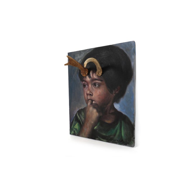1960s 1960's Original Portrait of a Little Boy Altered With Antlers For Sale - Image 5 of 10