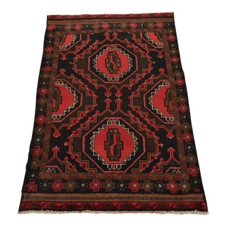 Vintage Baloch Rug 3'1'' X 4'8'' Black Wool Tribal Hand-Knotted Oriental Carpet For Sale
