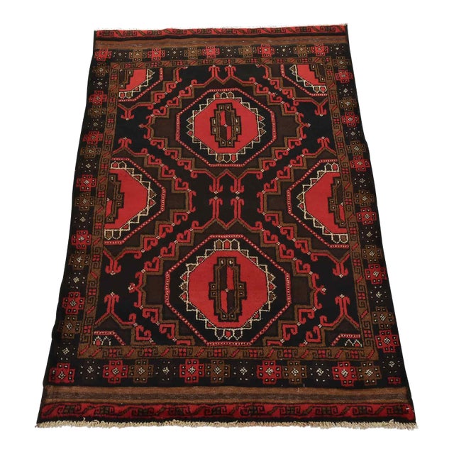 Vintage Baloch Rug 3'1'' X 4'8'' Black Wool Tribal Hand-Knotted Oriental Carpet For Sale