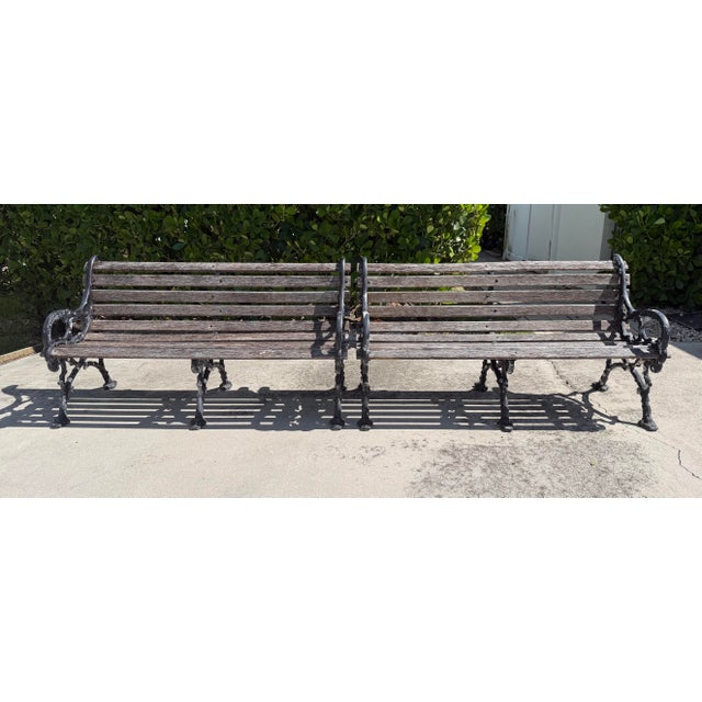 Late 20th Century Vintage Cast Aluminum & Oak Garden Benches, Pair For Sale - Image 5 of 12