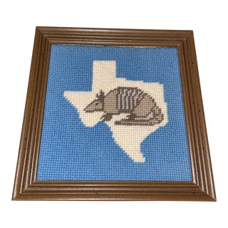 Wooden Framed Handcrafted Texas State Needlepoint With Armadillo For Sale