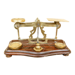Antique English Brass and Oak Postal Scale on Wood Base